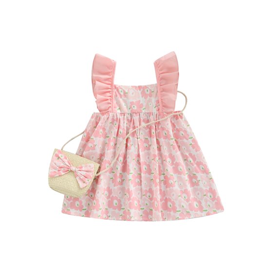 Kiapeise Toddler Baby Girls Summer Dress Flowers Ruffle Sleeveless Square Neck Dress + Big Bow Straw Sling Bag