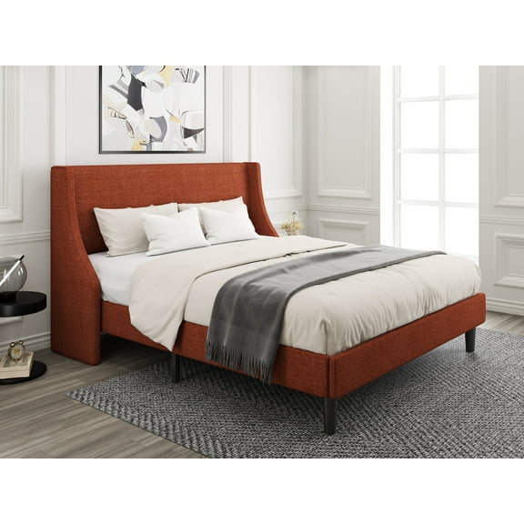 Amolife Queen Size Modern Platform Upholstered Bed Frame with Deluxe Wingback, Orange Red
