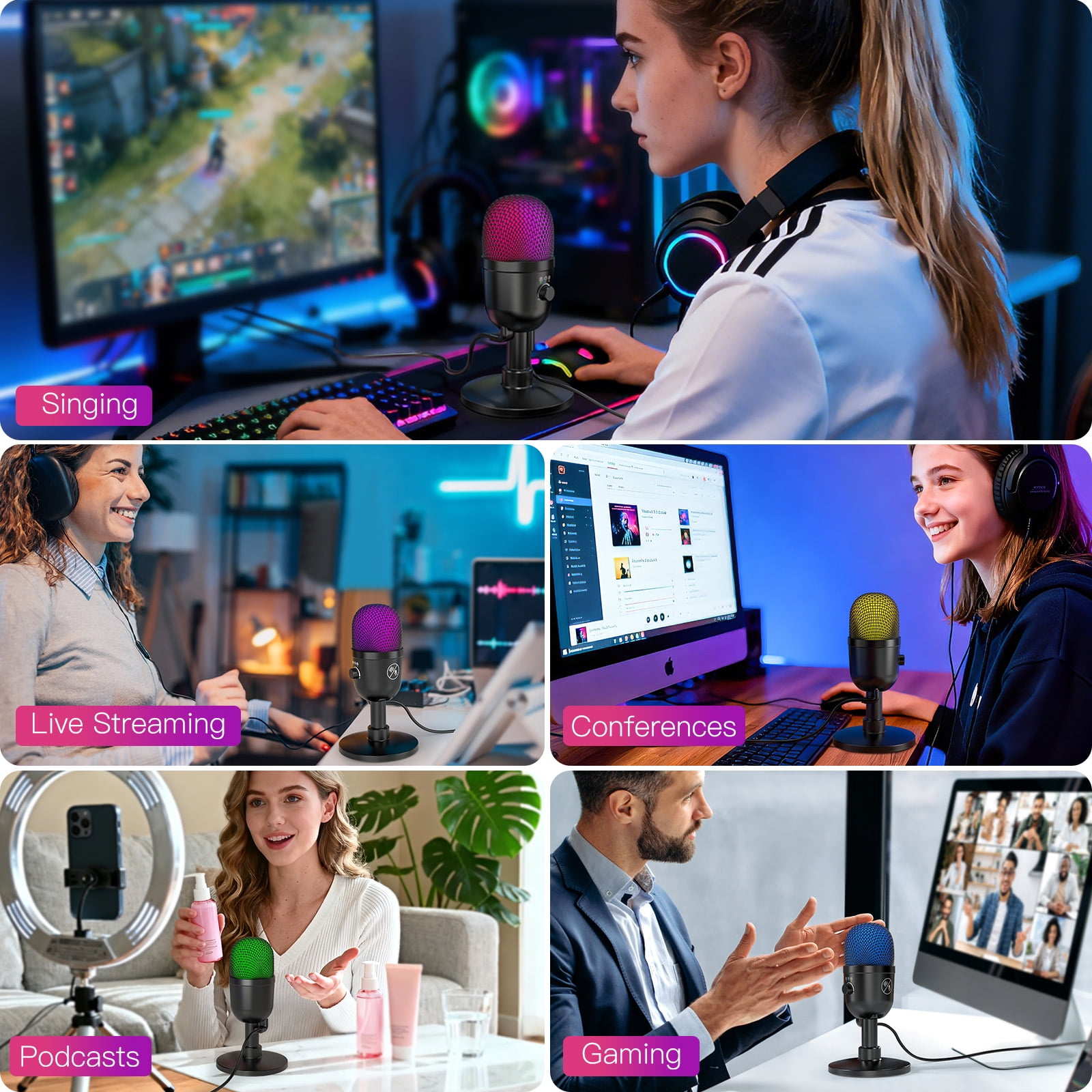 Zealsound Gaming Condenser Microphone with RGB Lights, Studio USB Mic for PC, Mac, iPhone, Plug & Play, Mute & Gain Control, Monitoring for Streaming, Podcasting, TikTok, YouTube