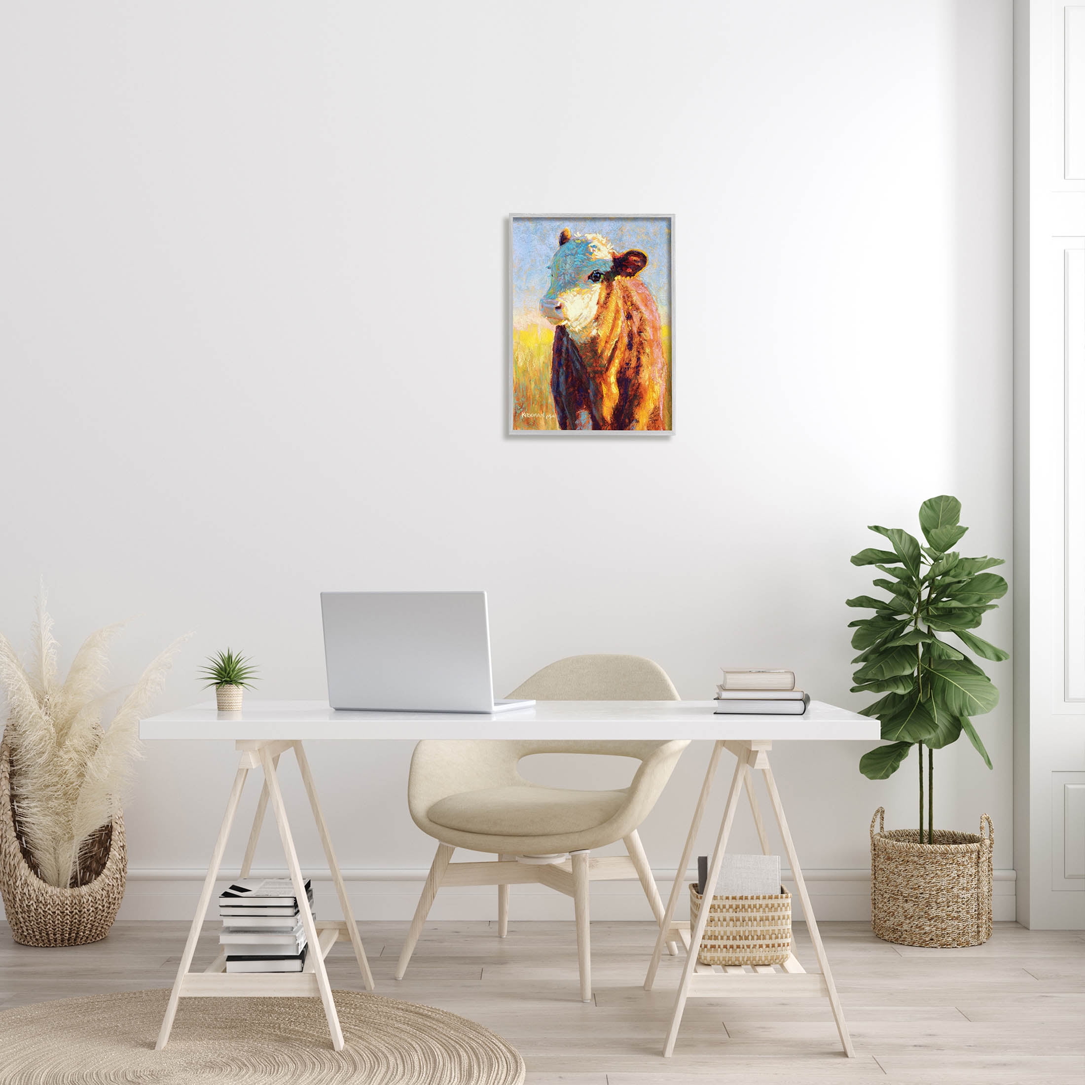 Modern Cow Portrait Impressionism Animals & Insects Painting Gray Framed Art Print Wall Art