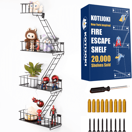 KOTIJOKI 3.5 Tier Fire Escape Wall Shelf – New York Decorative Floating Shelf – Wall Art Ladder Shelf – Black Metal Trinket Shelves for Bedroom, Home, Office, Storage and Display - Giftable Option