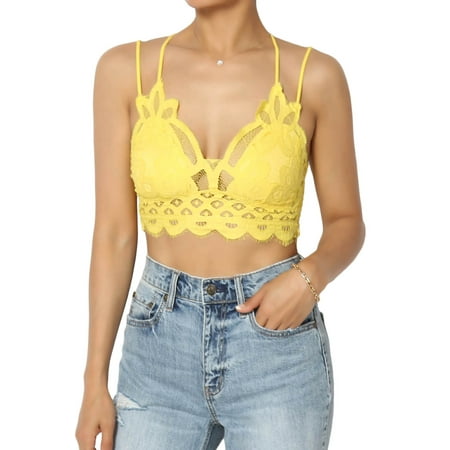 

TheMogan Women s S~3X Cross Strap Smocked Back Crochet Lace Bralette Pad Bra Top