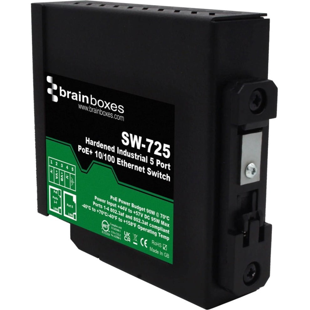 Brainboxes Hardened Industrial 5 Port PoE+ 10/100 Ethernet Switch SW725