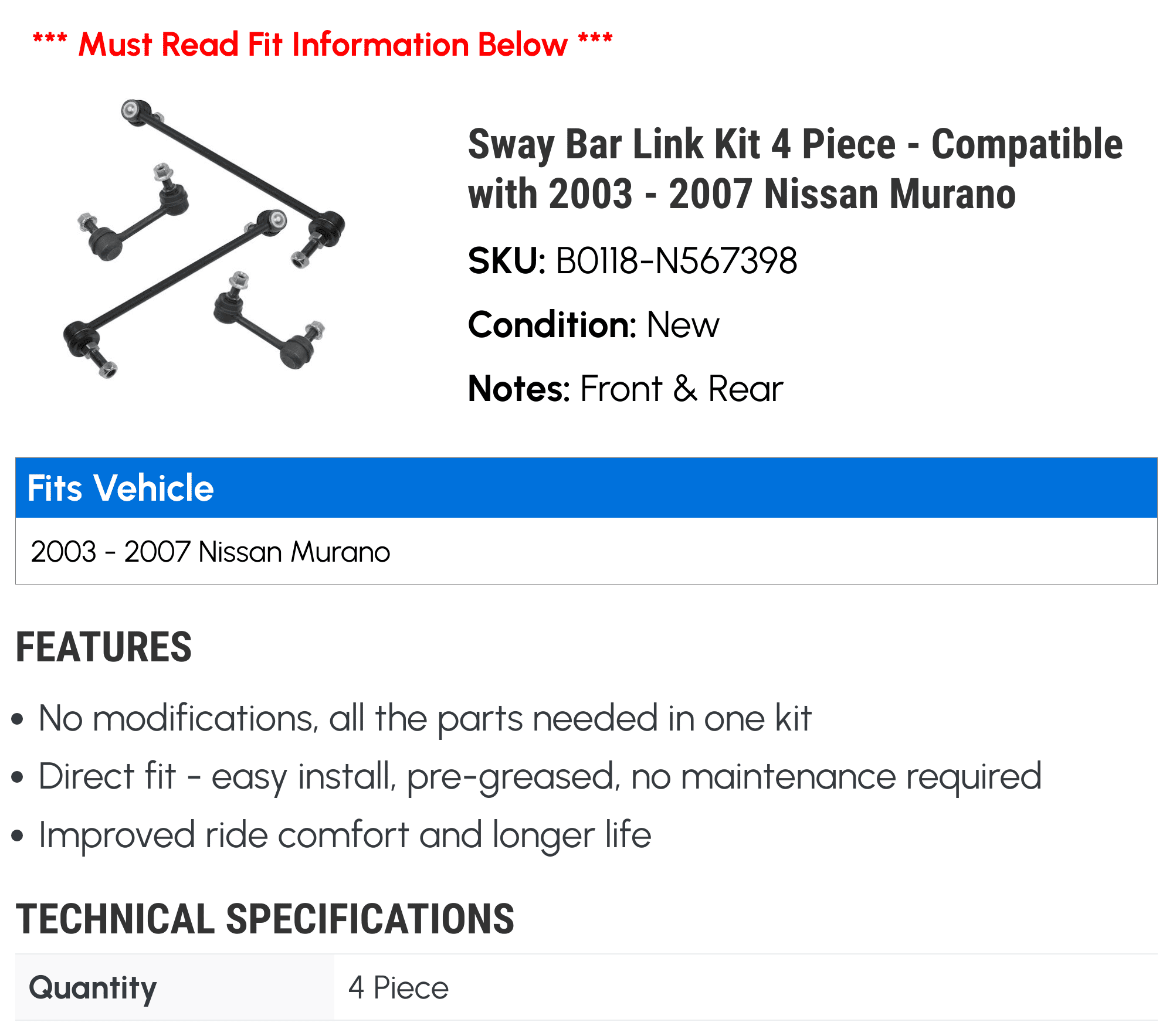 Sway Bar Link Kit 4 Piece - Compatible with 2003 - 2007 Nissan Murano 2004 2005 2006