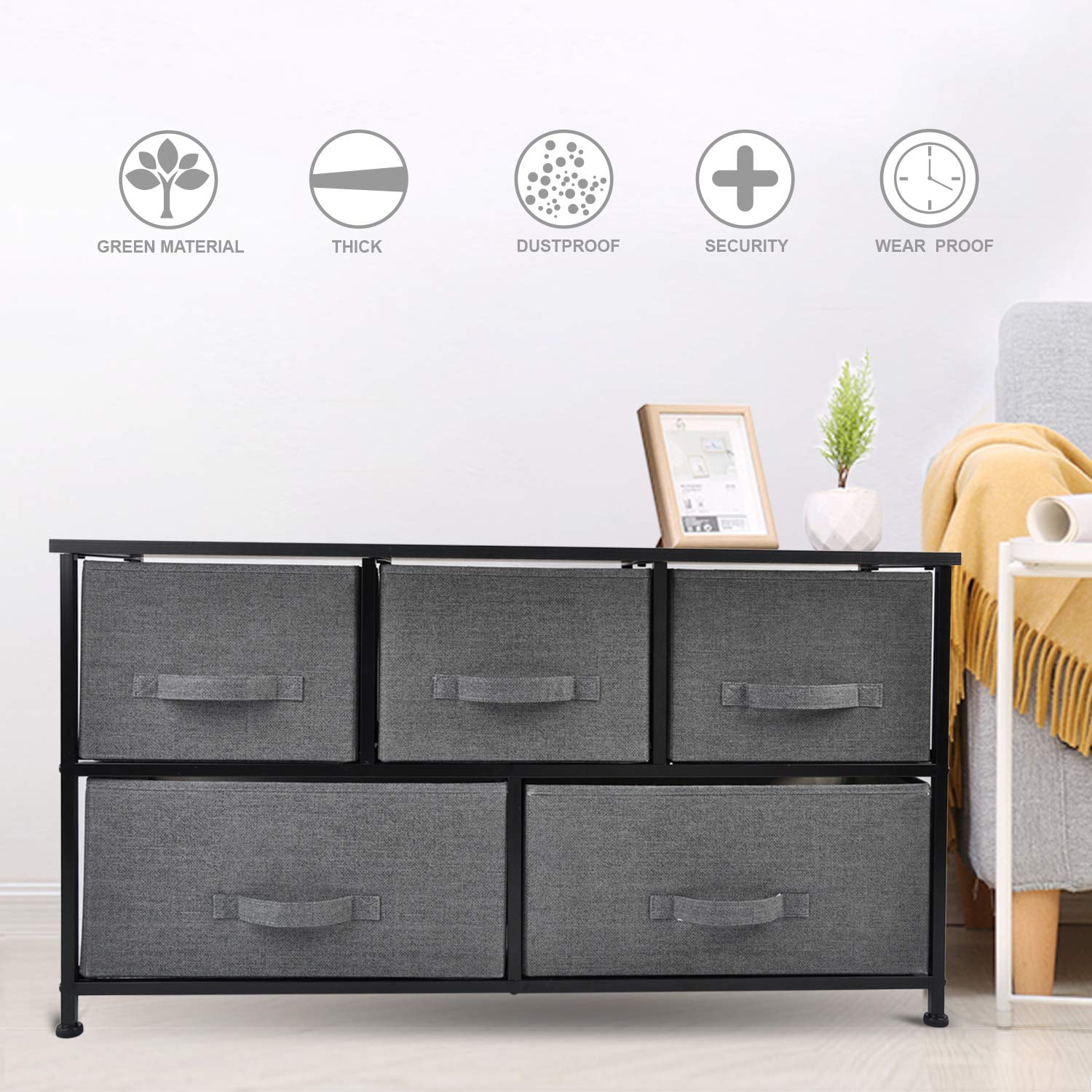 Cerbior 5 Drawer Dresser for Bedroom Tall Fabric Dresser Storage Tower Cabinet Bin Storage Organizer for Living Room Kids Room - Rustic Brown