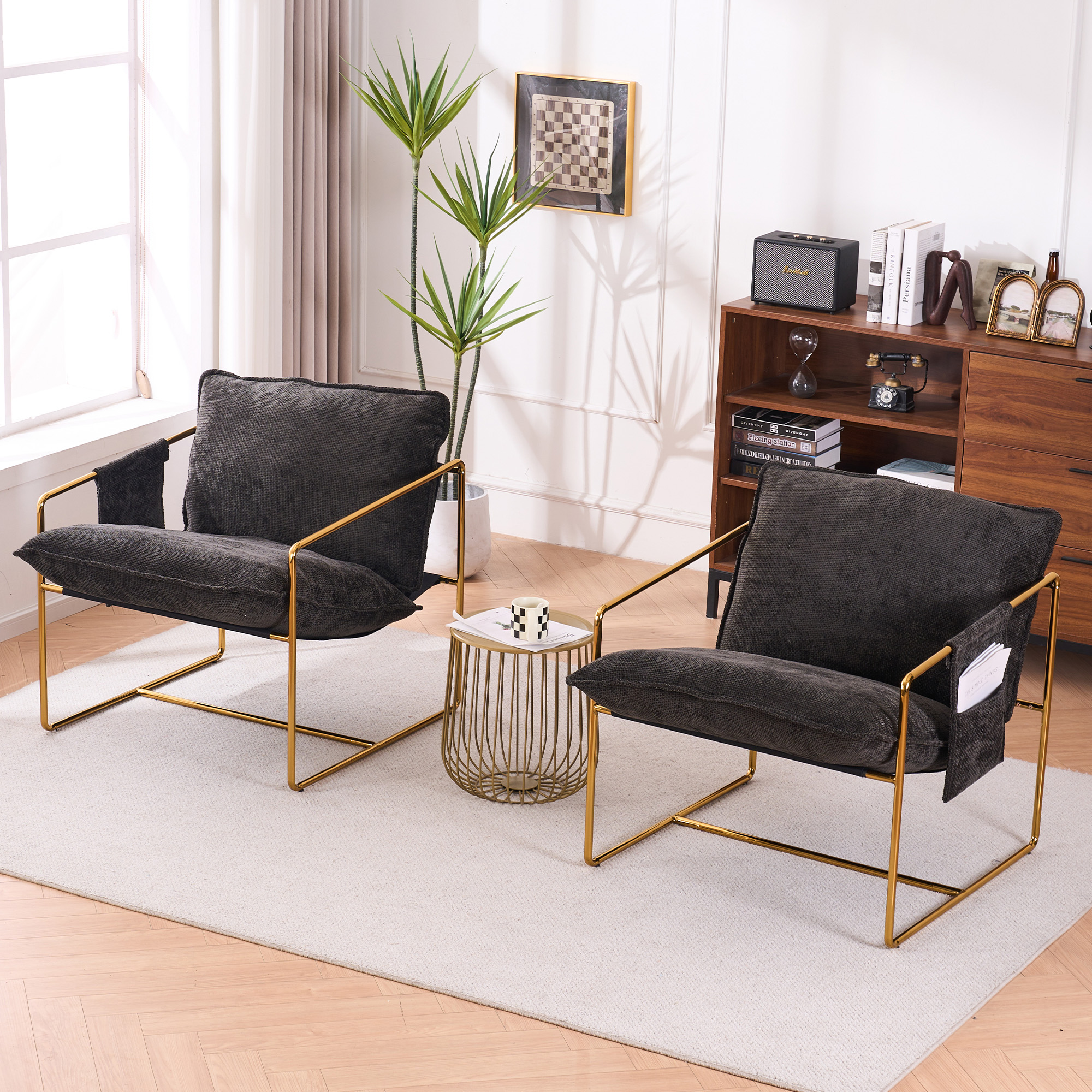 Aukfa Set of 2 Upholstered Sling Accent Chairs, Hanging Armchairs with Arm Pocket, Metal Frame & Crushed Foam Cushions for Living Room/Bedroom, Gray