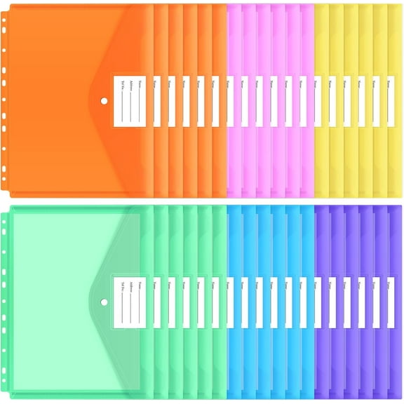 30pcs Binder Pocket, Binder Pockets for 3 Ring, Binder Folders, 11 Holes, Letter Size, Snap Button Pouch with Label for School, Home and Office