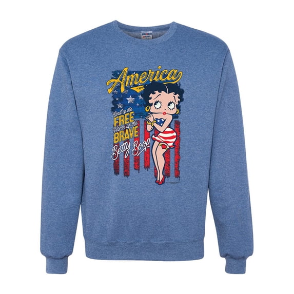 Wild Bobby, Betty Boop America Land of the Free Home of the Brave Betty Boop Unisex Crewneck Sweatshirt, Vintage Heather Blue, Large