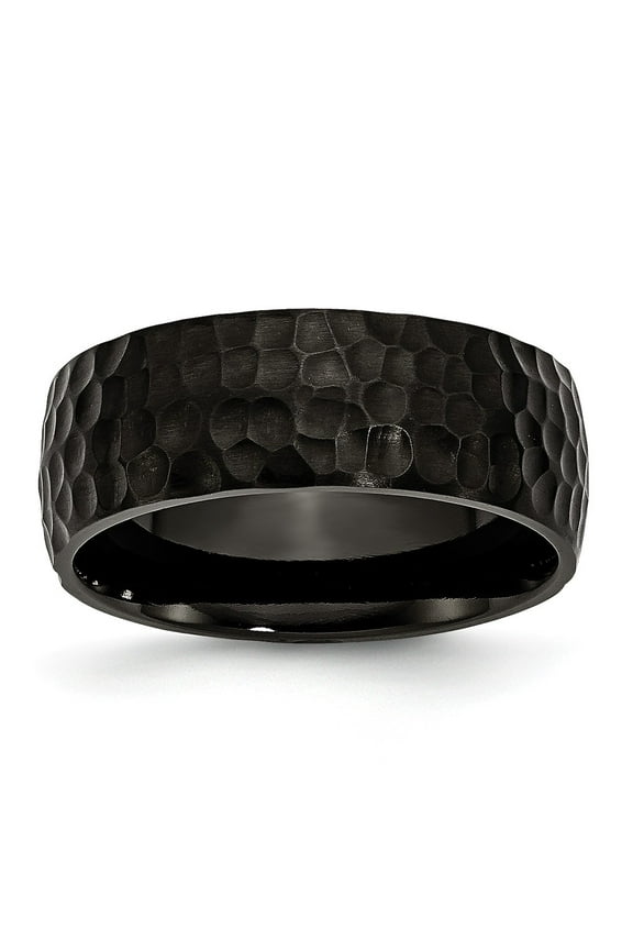 Grey Titanium Ring Band Wedding Flat Hammered Black IP-Plated 8mm