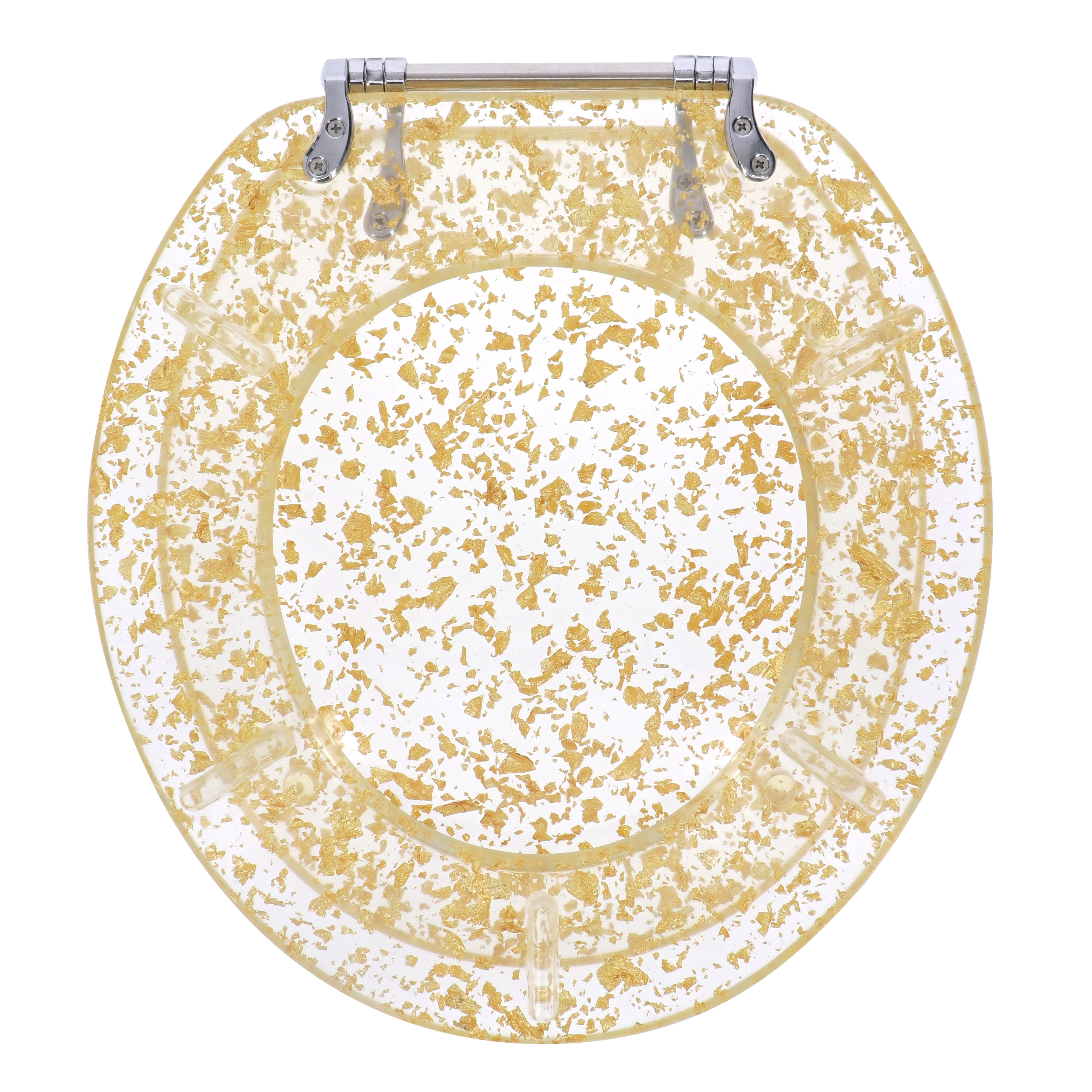 Ginsey Round Resin Decorative Toilet Seat with Chrome Hinges, Gold Foil