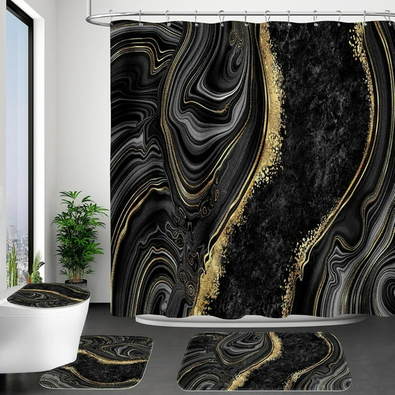 4PCS Emerald Green Marble Bathroom Set with Shower Curtain sets, Bath Mat, Toilet Lid Cover & U-Shaped Rug, Dark Green Shower Curtain Set for Bathroom