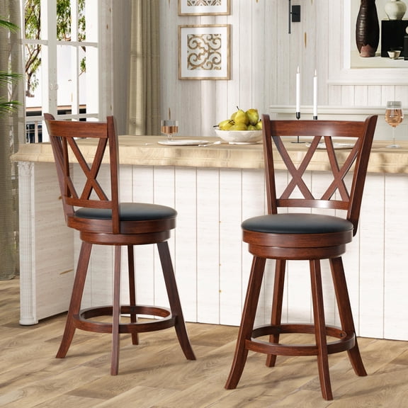 Swivel Bar Stools 24 inch Counter Height, High Back Padded Seat & Wood Footrest, Rustic Pub Kitchen Island Chairs, Brown