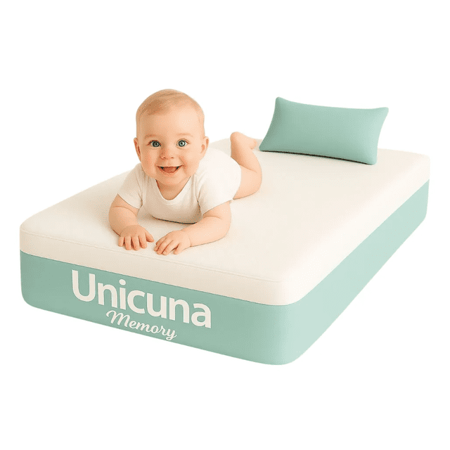 Unicuna Memory Colchón para Cuna, Blanco y Verde Menta, 60x110x10 cm, Espuma con Memoria, Transpirable, para Corral y Colecho
