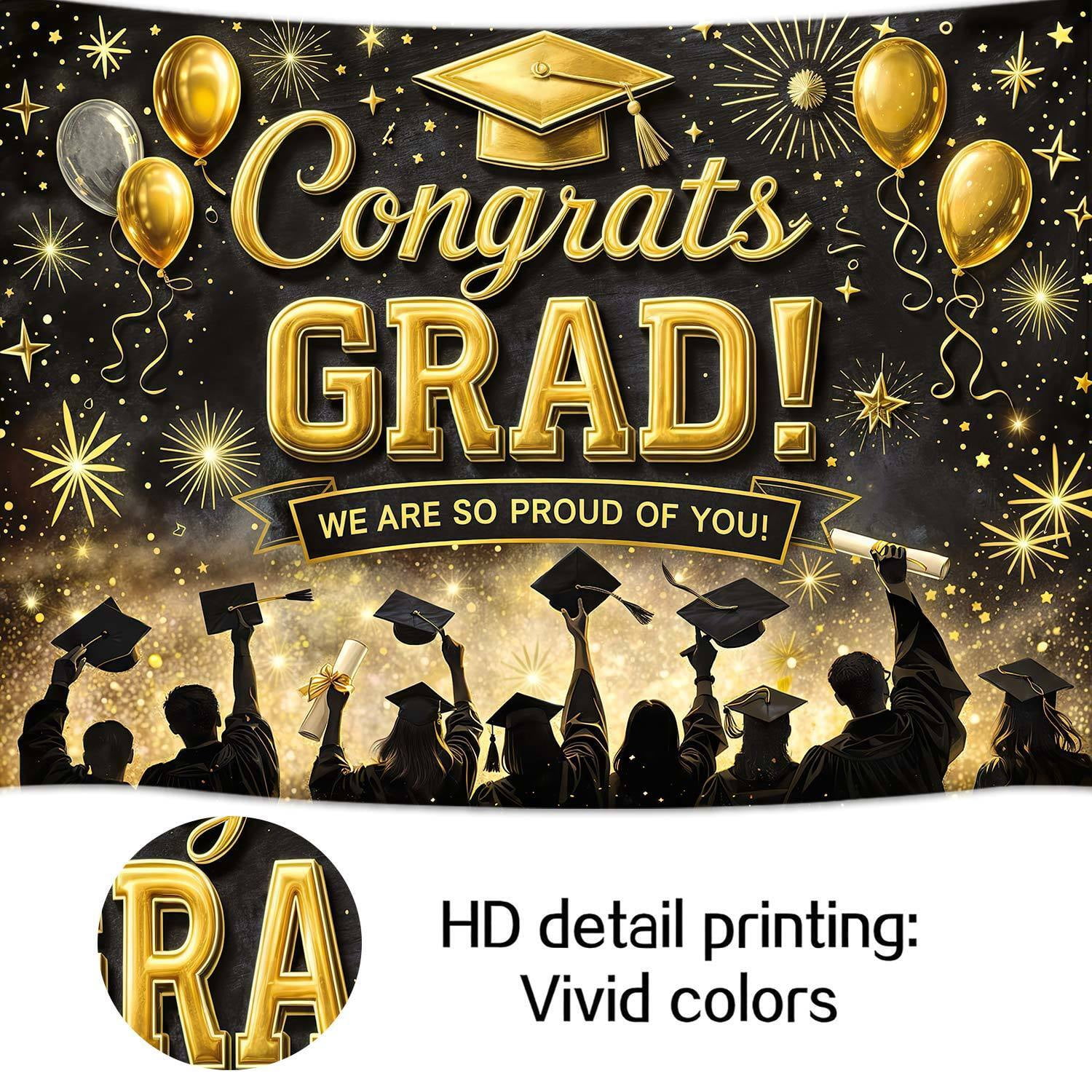 Congrats Grad Graduation Backdrop 7x5ft, Black and Gold Graduation Party Decoration Backdrop, Class of 2026 Photography Background, We Are So Proud of You Photo Booth Prop for Graduation Ceremony