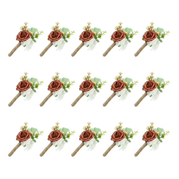 15Pcs Groom Boutonnieres Burgundy Boutonnieres with Pins for Men Rose Wedding Ceremony Anniversary Dinner, Orange