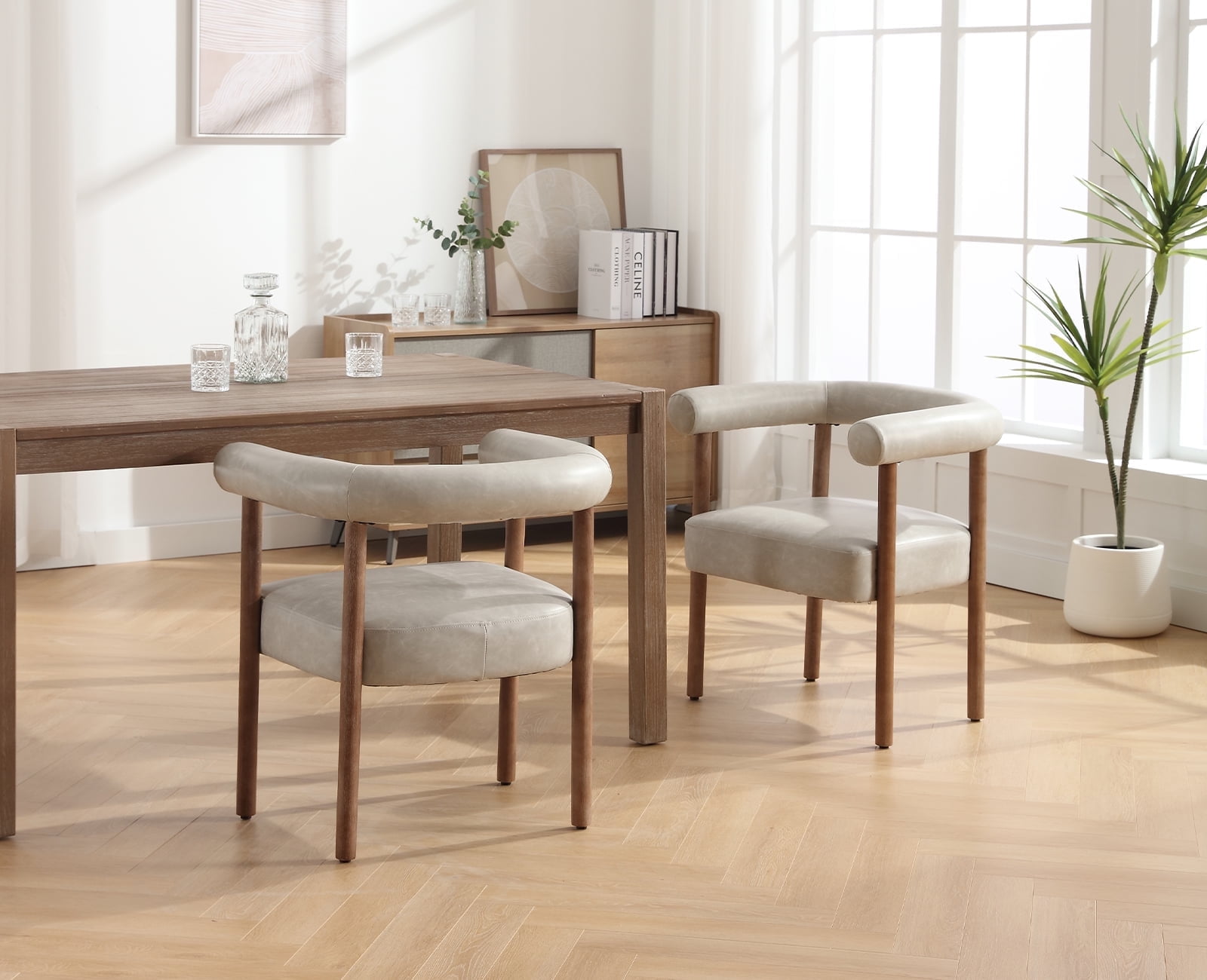Guyou Modern Barrel Dining Chairs Set of 2, Mid-Century Farmhouse Kitchen Chairs with Curved Back, Wooden PU Upholstered Dining Side Chairs for Dining Room Living Room Kitchen, Light Grey