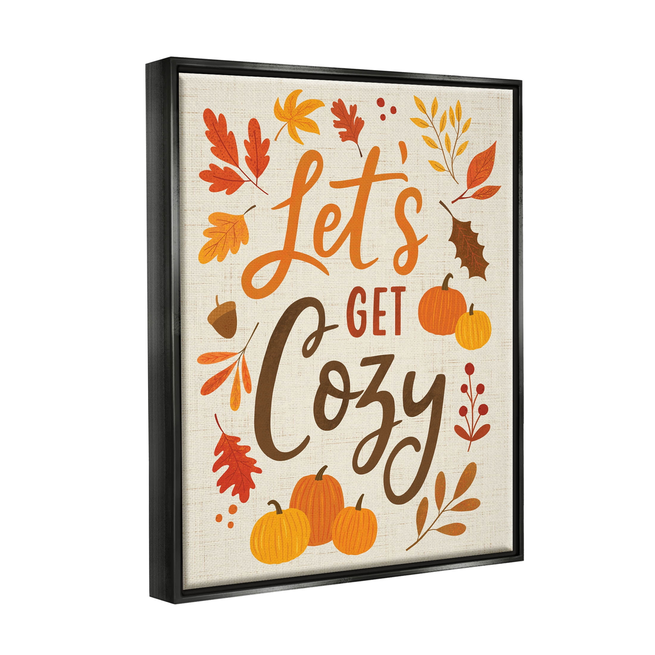 Lets Get Cozy Autumnal Leaf Sprigs Holiday Graphic Art Jet Black Framed Art Print Wall Art