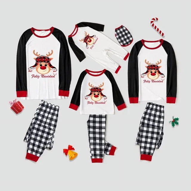 Pijamas familiares a juego de Navidad, diseño exclusivo, cabeza de ciervo con sombrero, Feliz Navidad, conjunto de pijamas blancos