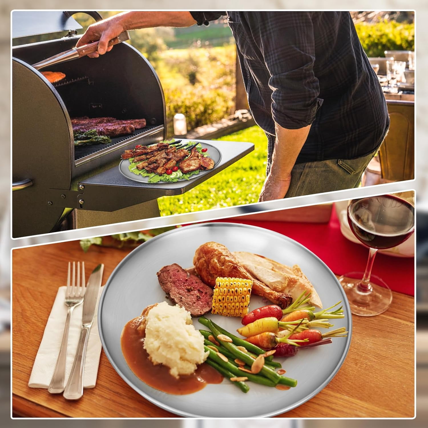 Stainless Steel Plates, 6 Pack 11.8 inch 304(18/8) Metal Food Serving Plate Set, Reusable Snack Eating Dishes Round Shatterproof Plate Silver BBQ Dinner Lunch Dinnerware Oven Dishwasher Safe