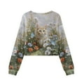thumbnail image 2 of Xoenoiee Cat Butterfly Daisy Flower Print Girls Long Sleeve Crop Tops Kids Pullover Loose Crew Neck Sweatshirt Cropped T-Shirts Casual Basic Tees, 7-8 Years, 2 of 7