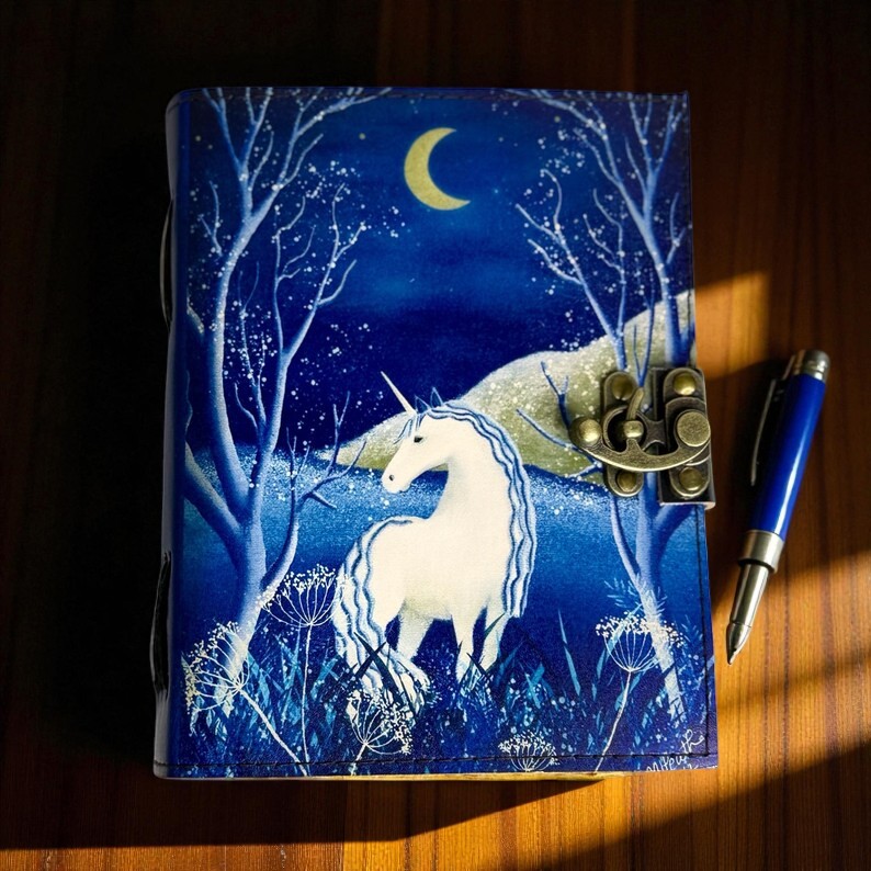 Handmade Leather Journal with Unicorn Design – 5x7 Inch | 200 Handmade Pages | Vintage Deckle Paper | Locking Clasp | Gift Notebook