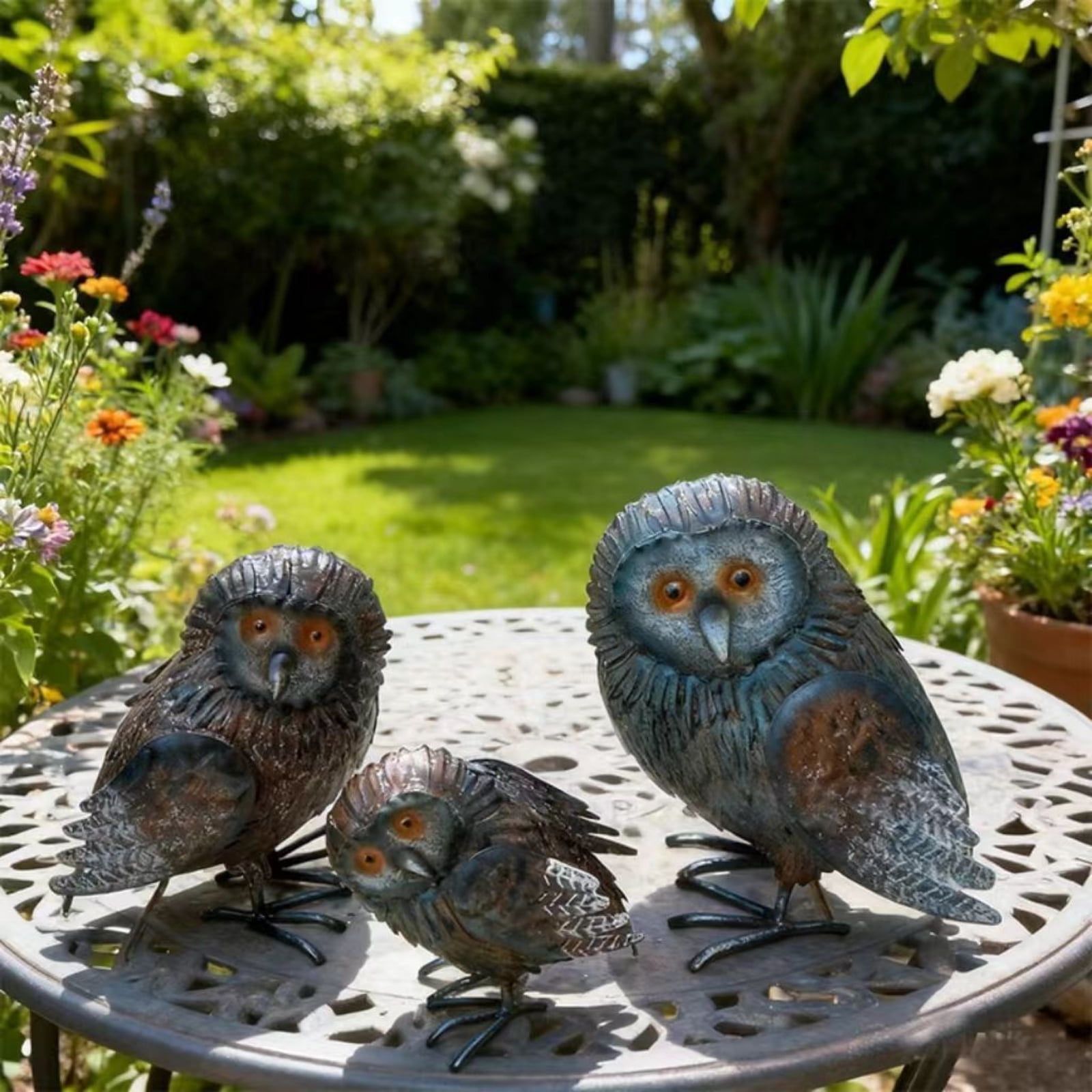 Garden Owl Sculptures & Statues, Standing Metal Bird Yard Art Sculpture for Patio Backyard Pond Outdoor Decorations (Brown)