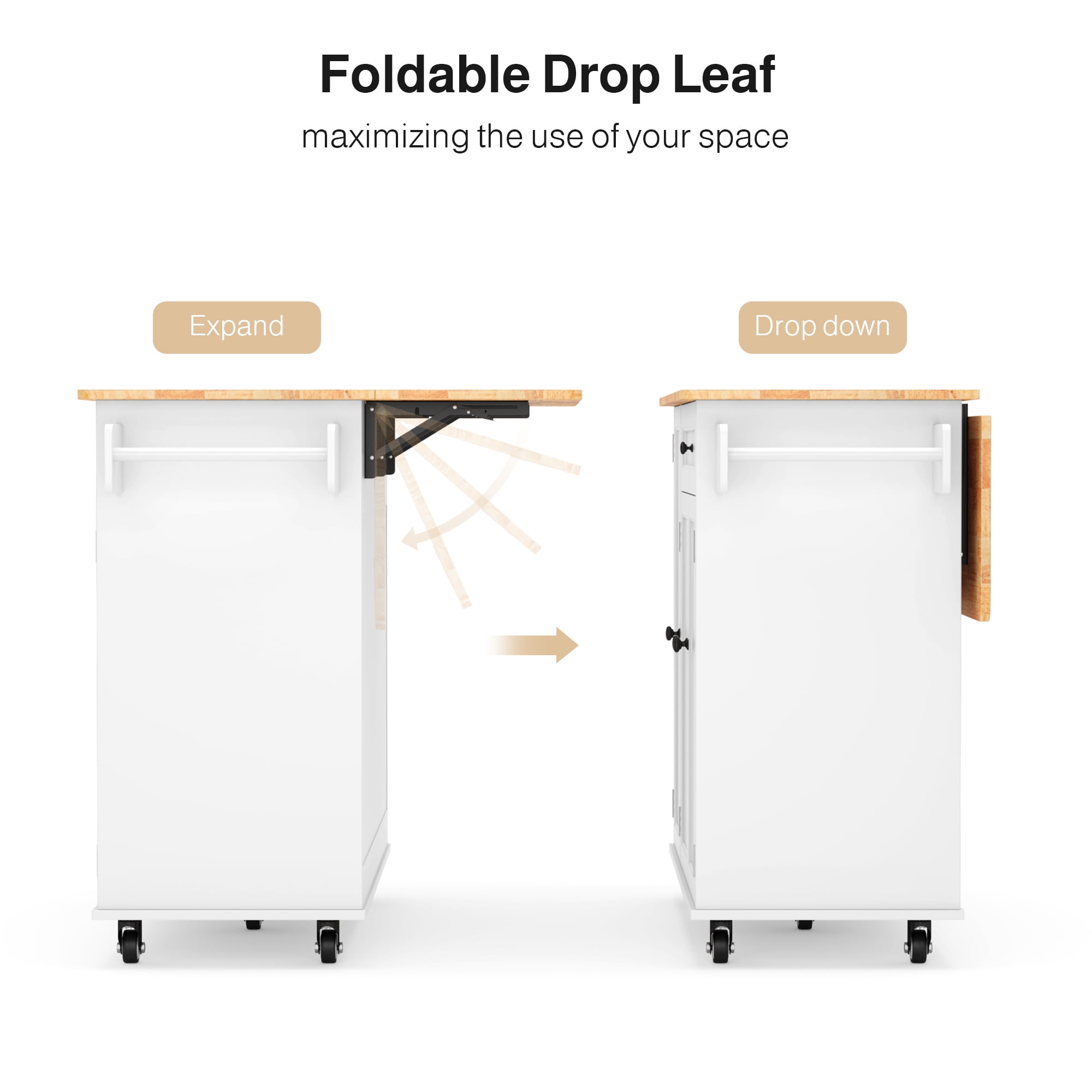 Kitchen Island with Storage, Lofka 41.7” Kitchen Island Cart with Drop Leaf | Interal Storage Rack | a Drawer | Spicy Rack and Towe, White
