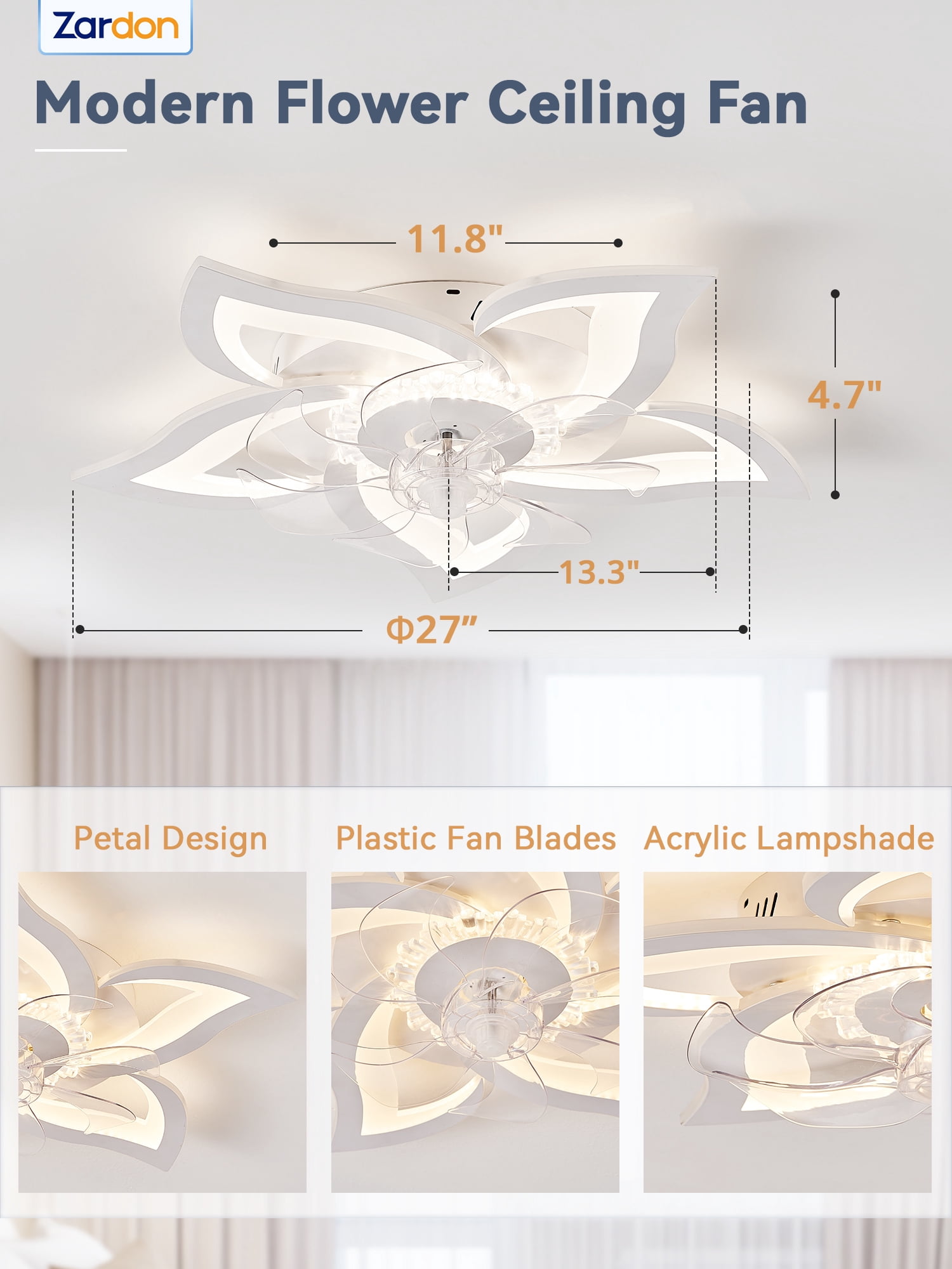 Zardon 27" Flower Ceiling Fan with LED Lights and Remote Control, Flush Mount Ceiling Fan for Indoor Bedroom Living Room, Low Profile - White