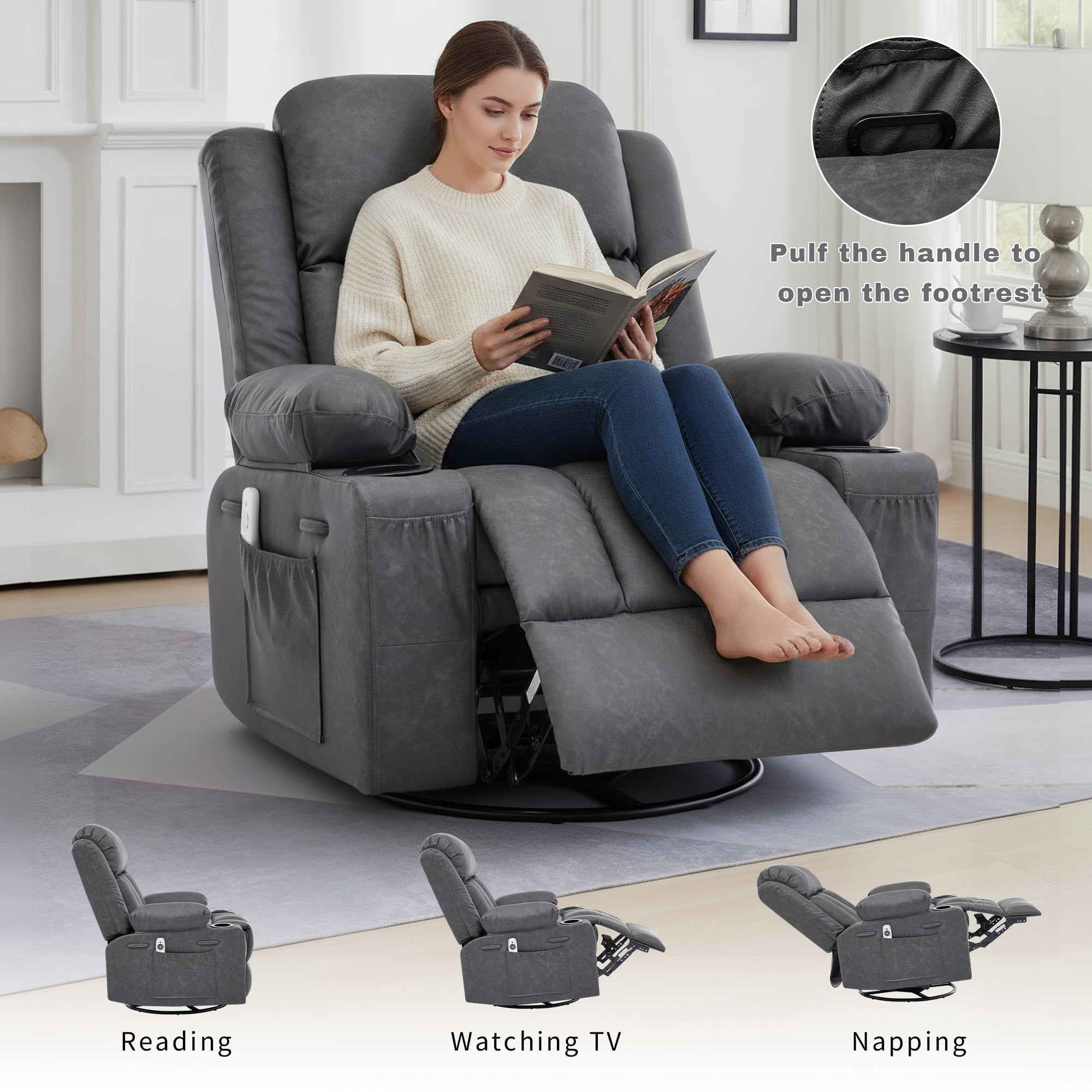 GAOHAPY Rocker Recliner Chair with Heat and Massage,360°Swivel Recliner Chair for Adults Elderly,Oversized Recliner Single Sofa Seat with 2 Cup Holders and Side Pocket(Grey)