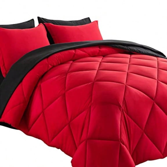 Bed in a Bag Queen Reversible Comforter Sets 7pcs All Season Down Alternative Bedding Sets Red and Black with Comforter Pillow Shams Flat Sheet Fitted Sheet and Pillowcase