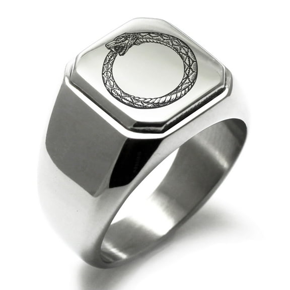 Stainless Steel Greek Mythology Ouroboros Engraved Square Flat Top Biker Style Polished Signet Ring