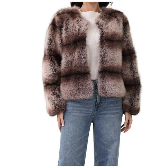 Faux Fur Jacket for Women Long Sleeve Open Front Fluffy Short Coats Warm Winter Outwear Khaki 2XL