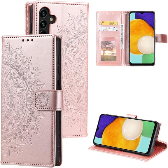 Mandala Phone Cover for Samsung Galaxy A55 5G, Slim Flip Wallet Case with Card Slots Magnetic Closure Embossed Mandala Flower PU Leather Protective Case with Stand Function Lanyard - Rose Gold