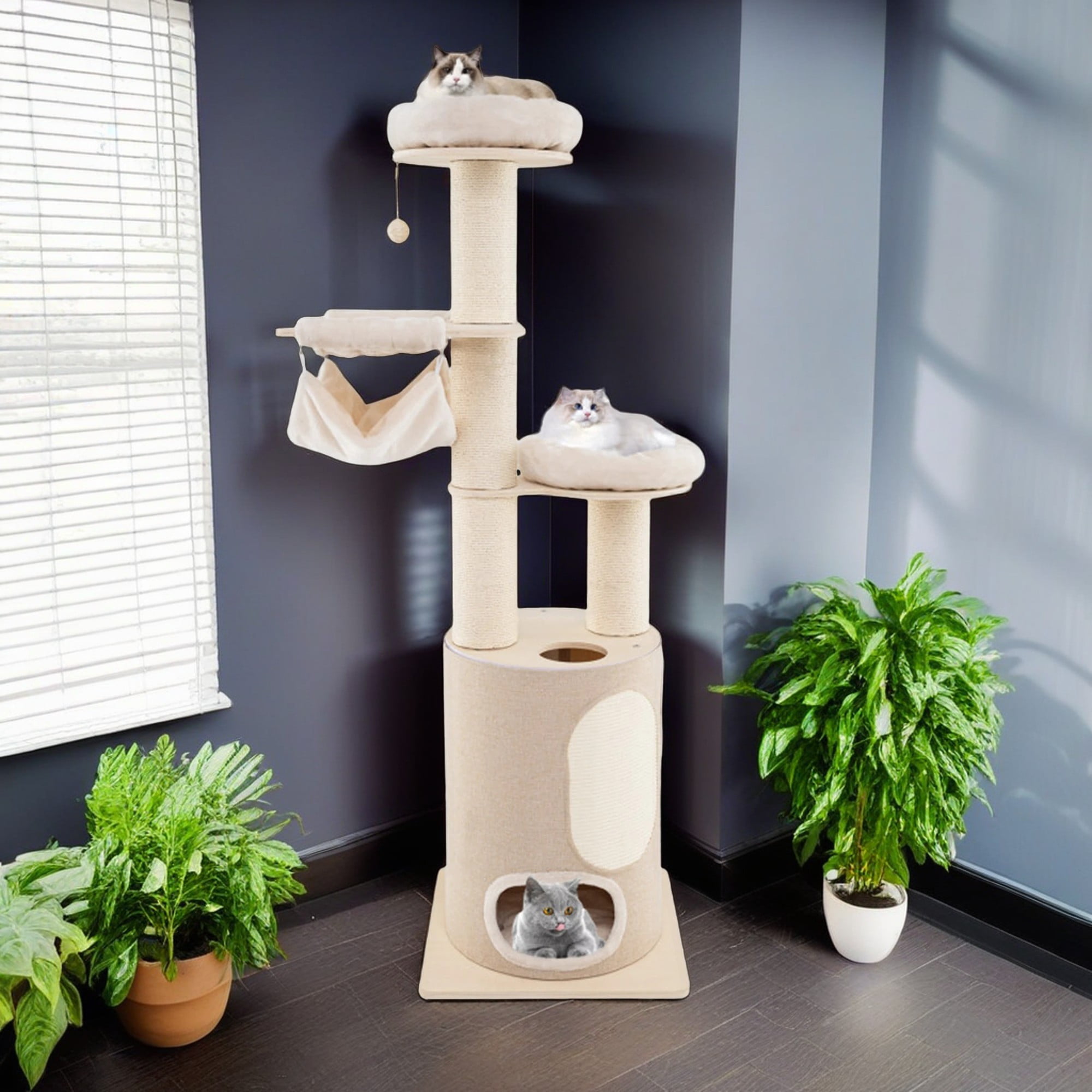 Kadyn 74" Cat Tree Tower for Indoor Cats, Multi-Level Cat Tree House for Big Cats with 2 Storey Cat Condo, Washable Cushions, Cat Climbing Tower, Beige