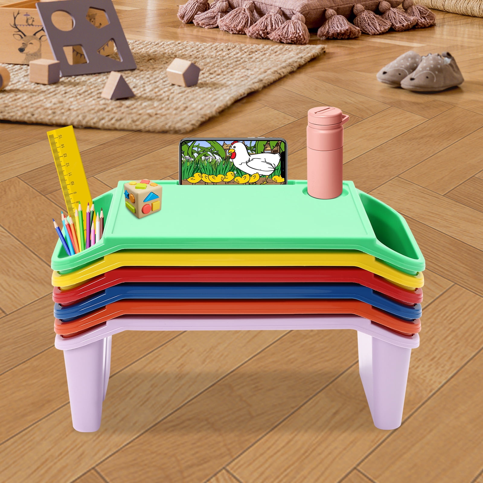 Peakora 6PCS Kids Lap Desk Tray, Portable Lap Desks with Side Pockets, Plastic Breakfast Lap Desk Trays for Writing Eating Game Classroom