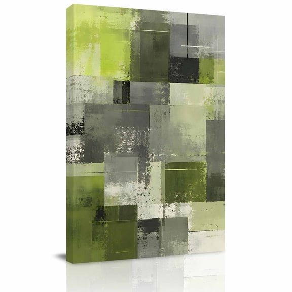 Canvas Wall Art, Green Grey Abstract Framed Canvas Prints for Living Room Dining Room, Modern Color Block Retro Oil Painting Extra Large Gallery Wrapped Wall Decor for Home Office, Gifts, 22"x28"