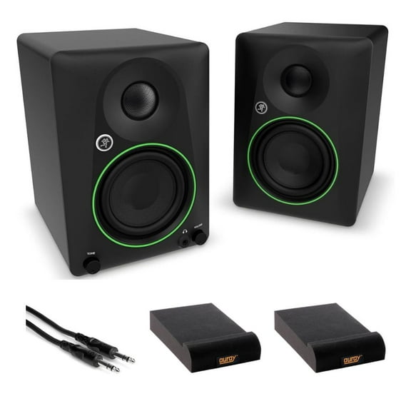 Mackie CR4.5 Creative Reference Powered 4.5" Studio Monitors Black Bundle with Hosa Stereo 1/4" Male Phone to 1/4" Male Phone TRS Cable 10, Auray IP-S Isolation Pad for Studio Monitor (2-Pack)