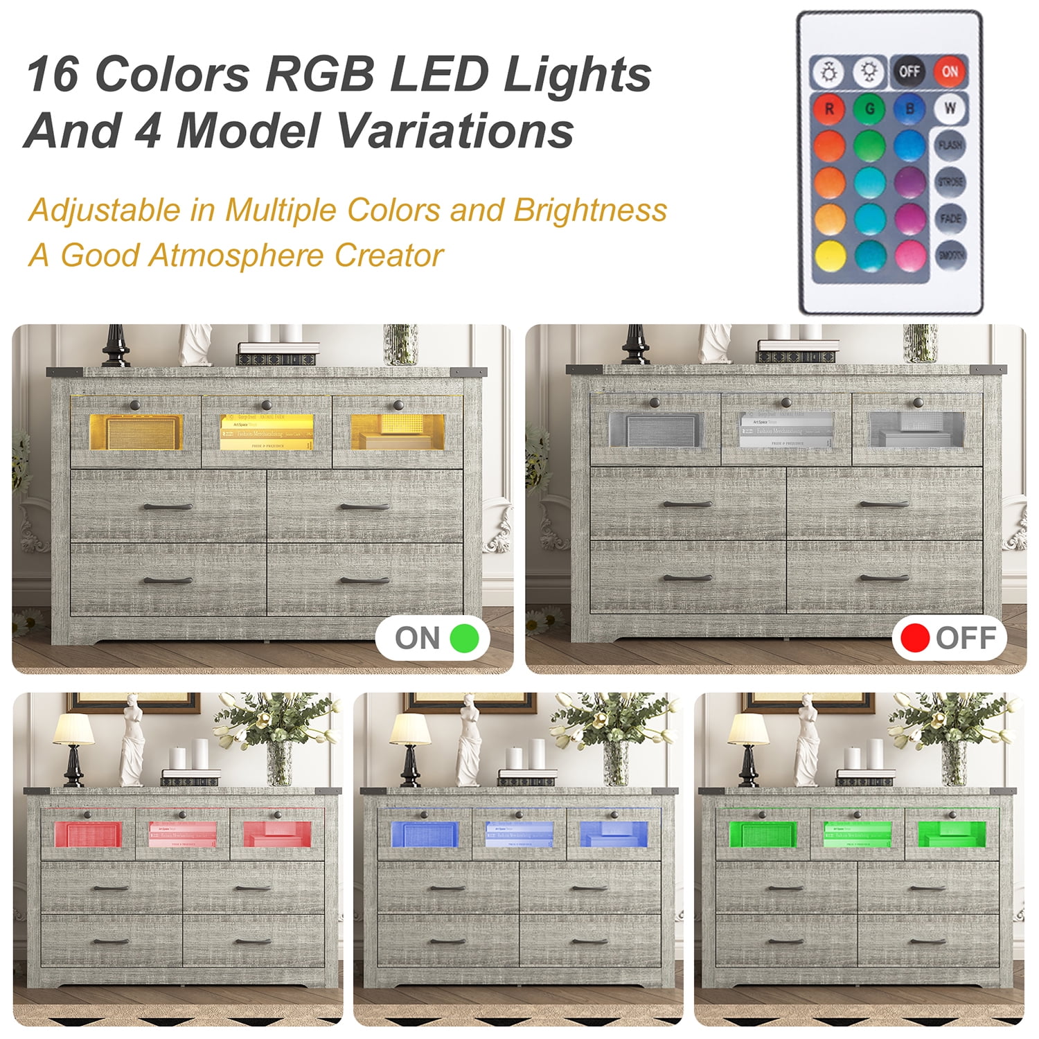 Kadyn 7 Drawer Dresser, Sideboard Storage Cabinet with LED Light, Chest of Drawers for Hallway, Cement Grey