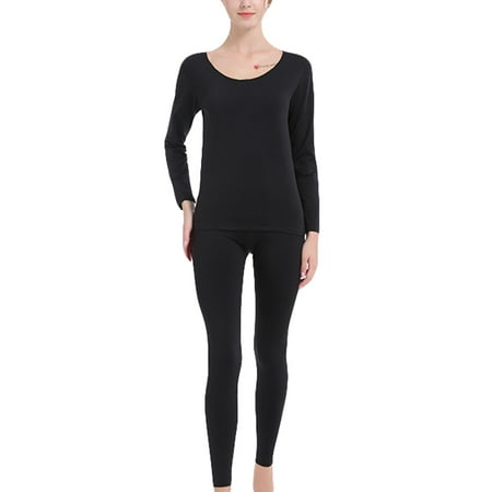 

Niuer Women Top And Bottom Suits Long Sleeve Thermal Underwear 2 Pieces Johns Set Ultra Soft Solid Color Black XXL