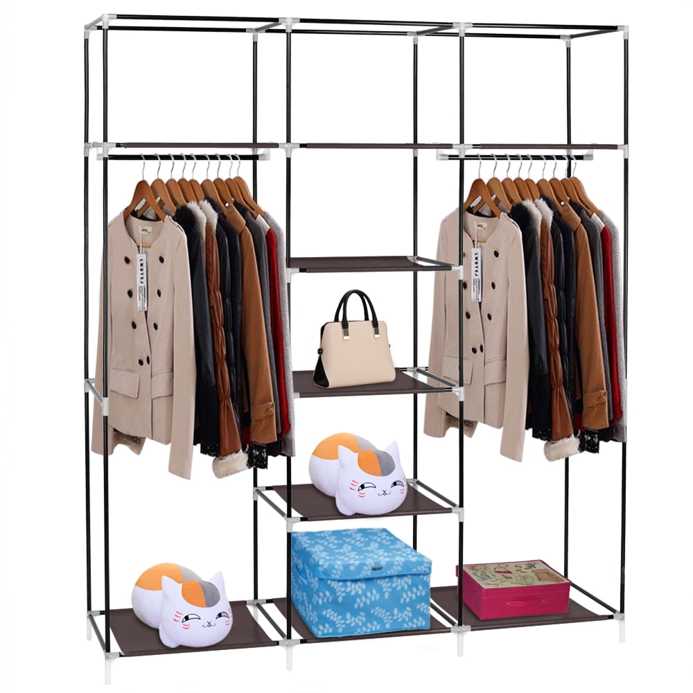 Kepooman 69" Portable Clothes Closet, Non-Woven Fabric Double Rod Wardrobe, Dark Brown Kepooman 69" Portable Clothes Closet, Non-Woven Fabric Double Rod Wardrobe, Dark Brown