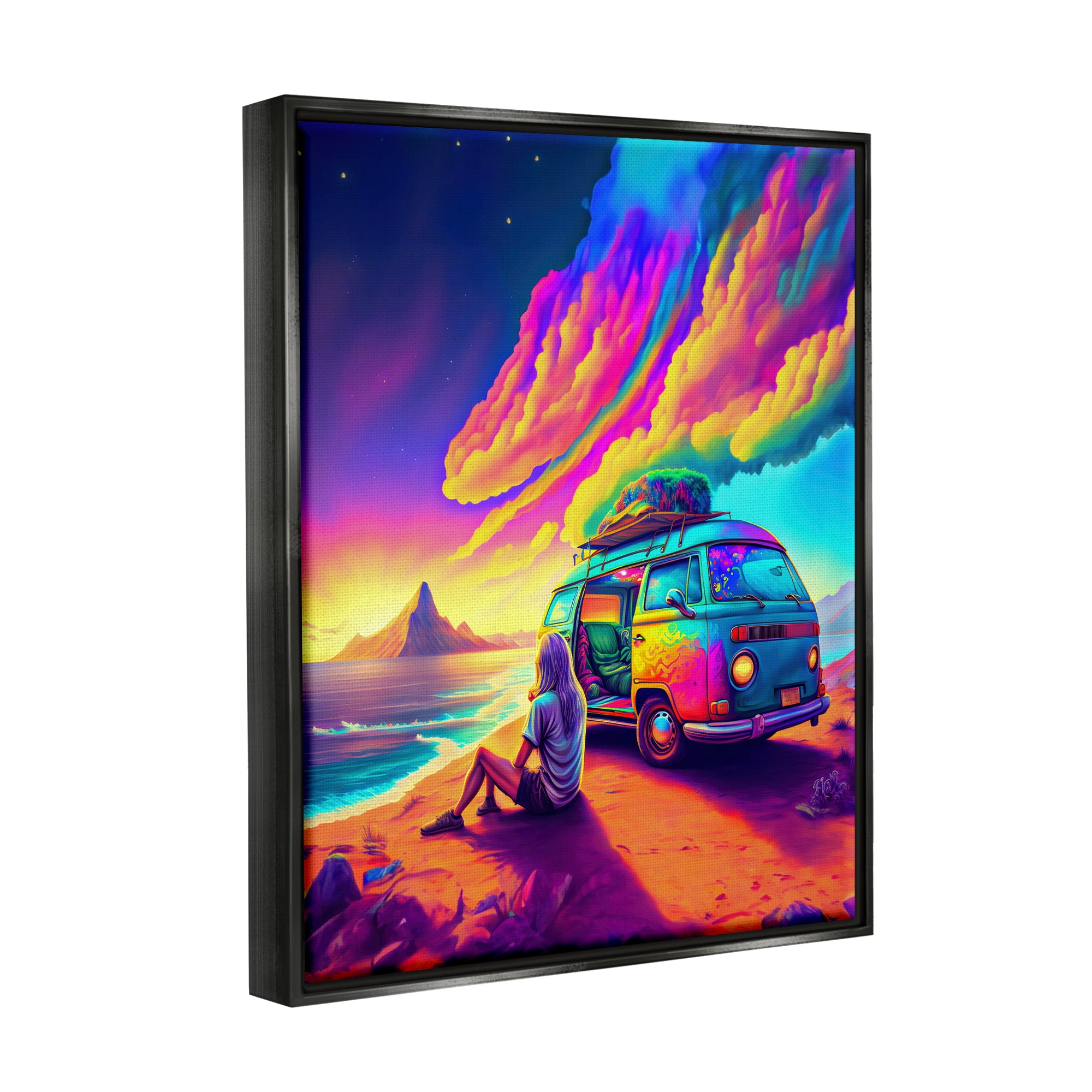 Stupell Industries Vacation Van on Beach Landscape Painting Black Floater Framed Canvas Art Print Wall Art, 17 x 21