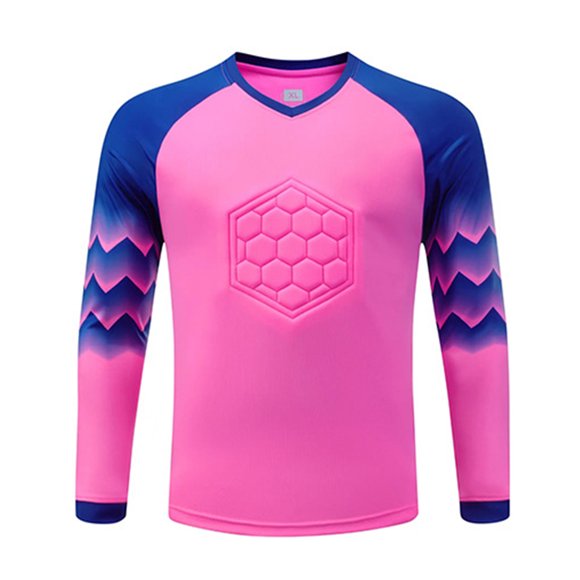 dPois Kids Soccer Goalkeeper Jersey Padded Protective Long Goalie Shirt Boys Football Training Uniform Top Hot Pink S