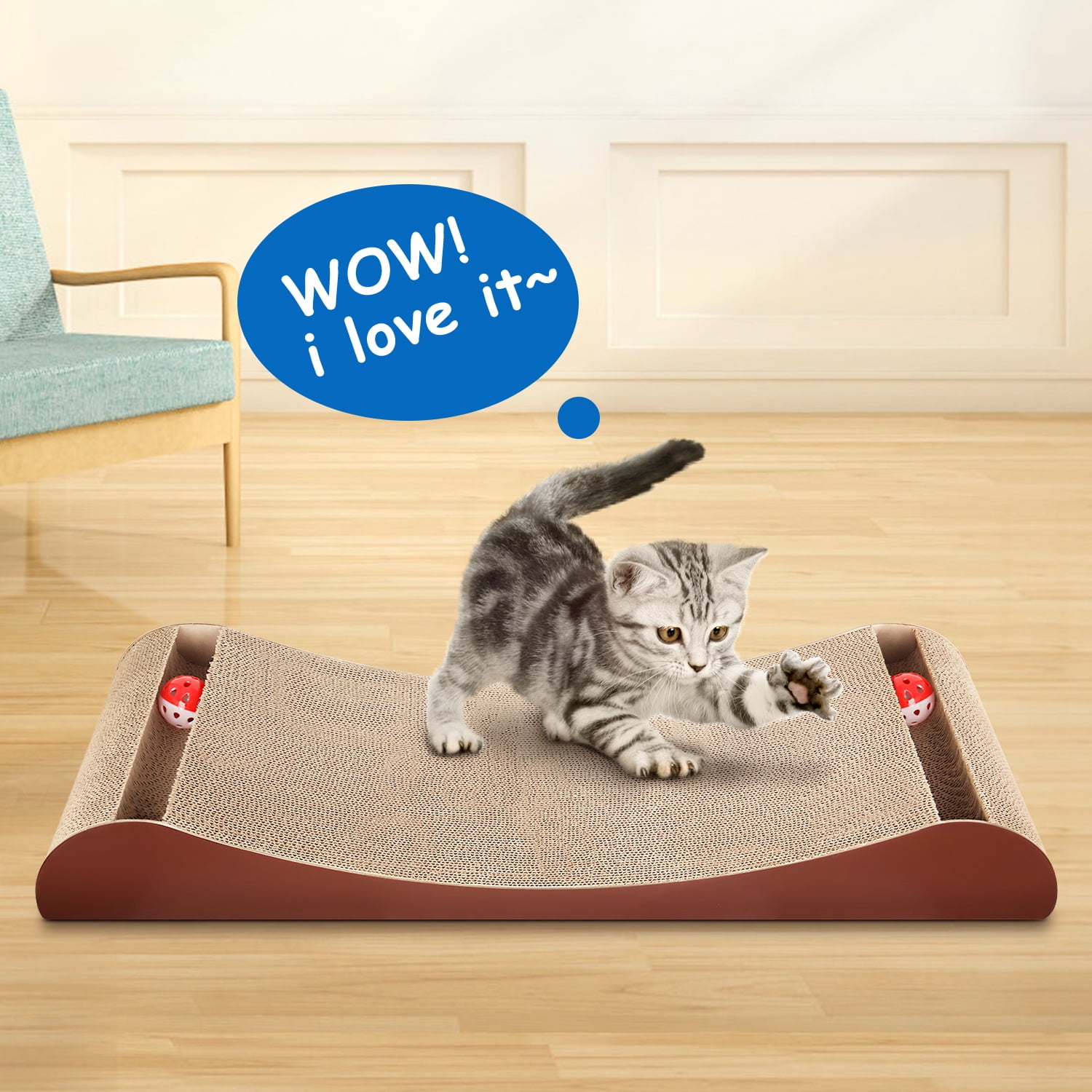 Pefilos 30" Cat Scratcher Cardboard Bed Bone Cat Scratching Pads Corrugated Cat Scratch with Bell Ball Toy, Brown Pefilos 30" Cat Scratcher Cardboard Bed Bone Cat Scratching Pads Corrugated Cat Scratch with Bell Ball Toy, Brown