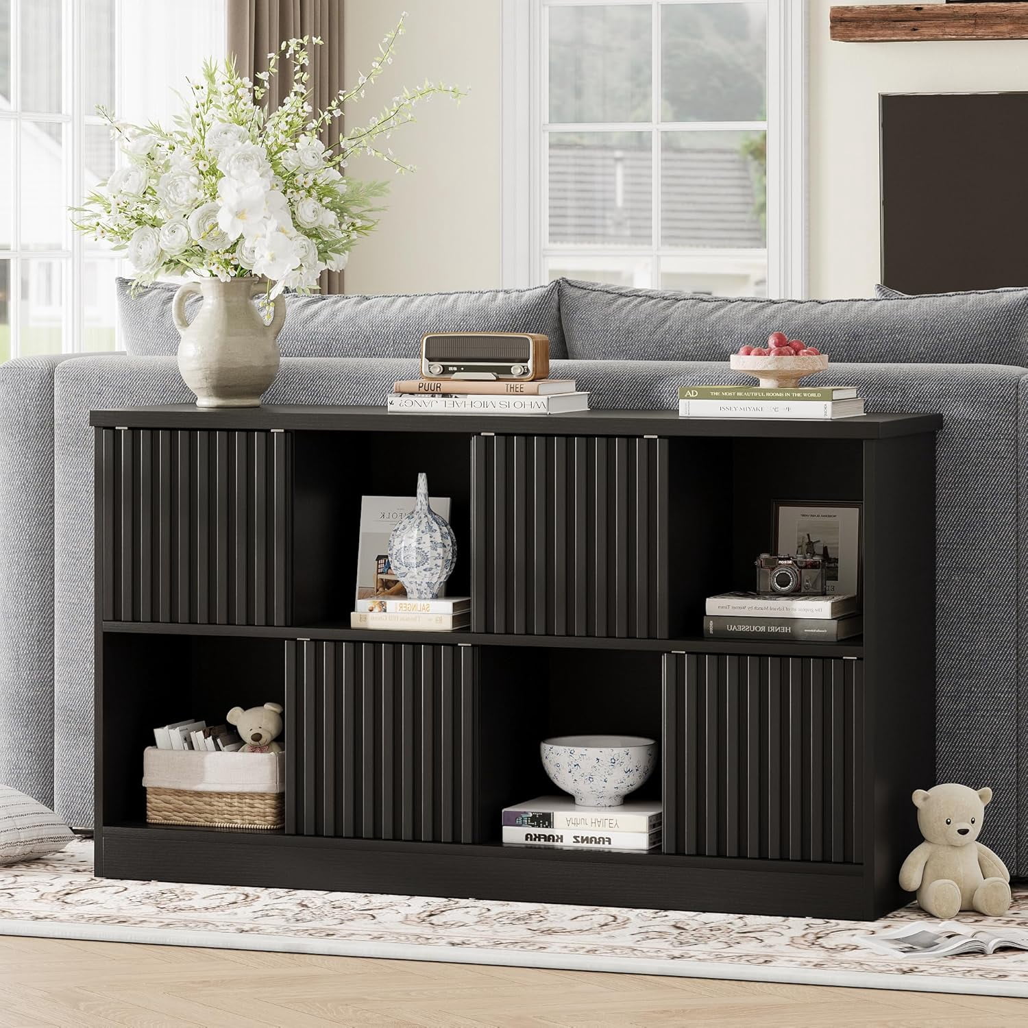 iPormis 8 Cube Bookcase Storage Organizer - 4 Fluted Sliding Doors, 2-Tier Wooden Bookshelf, 47.2" Freestanding Bookcase Shelf for Home/Office,Black