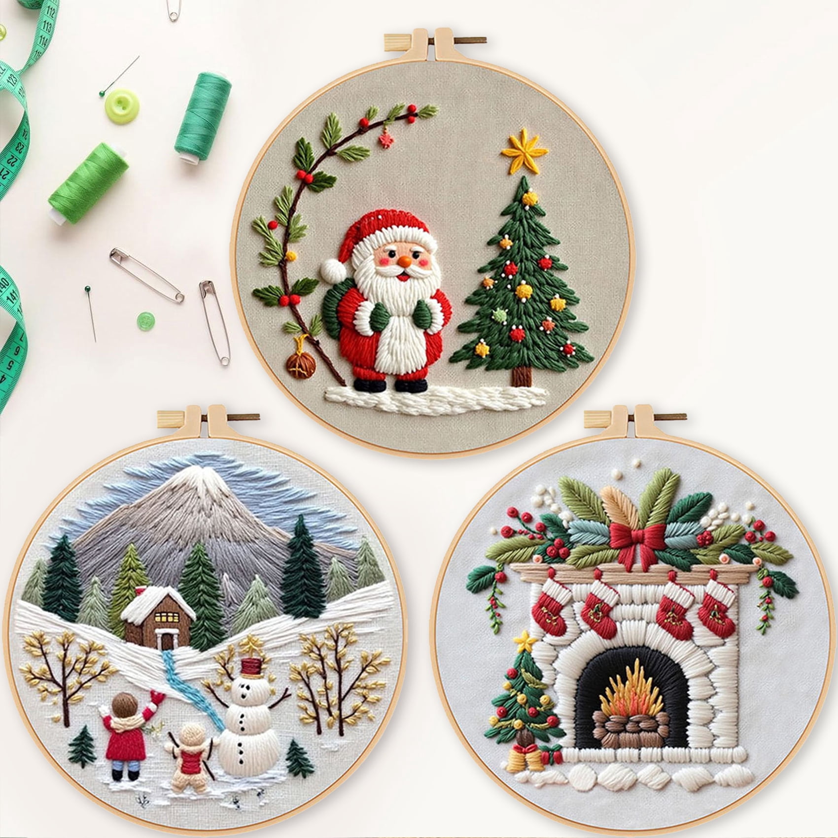 HVEST 4 Pack Christmas Embroidery Kit for Beginners - Santa Claus with Embroidery Pattern, Hoop, Complete Cross Stitch Supplies (Needle/Threads/Scissors) DIY Craft for Adults Sewing Hobby