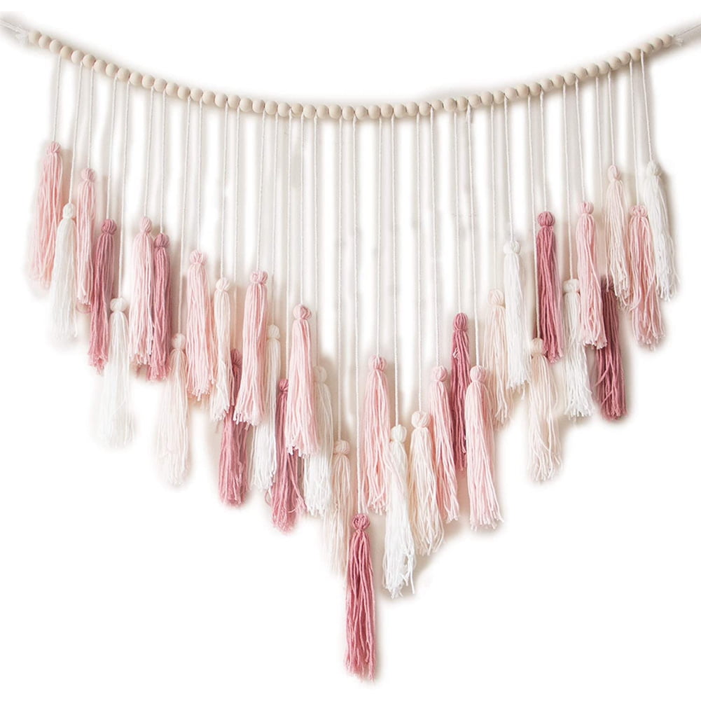 Macrame Wall Hanging-Large Macrame Wall Hanging with Wood Beads-Bohemian Wall Decor for Bedroom and Living Room Pink