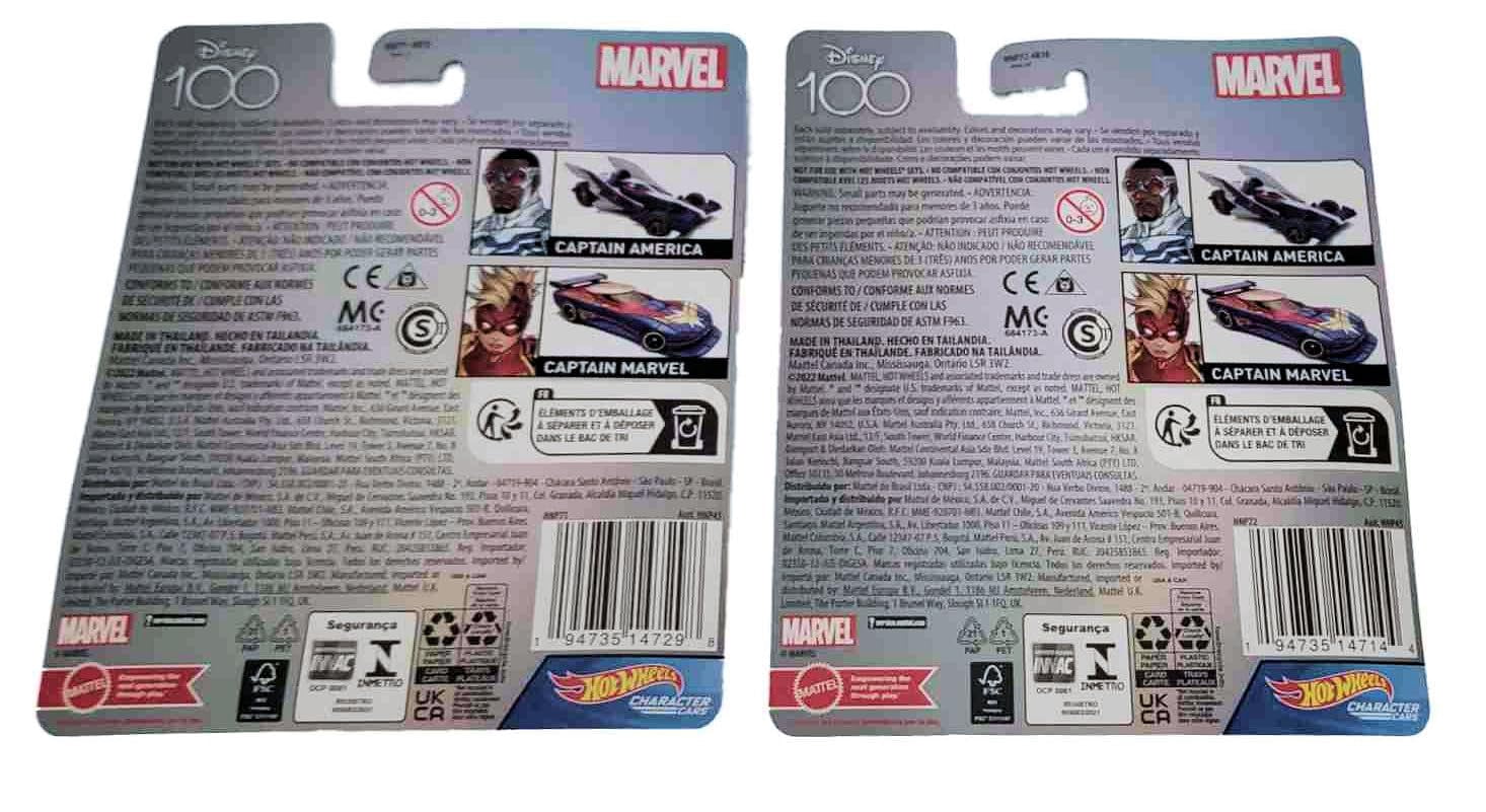 Hot Wheels Disney 100 Marvel Character Cars, Captain America and Captain Marvel, 2-Pack Collectible Die-Cast Vehicles