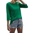 thumbnail image 3 of 3/4 Sleeve Women Round NeckSolid Casual Basic Tops T Shirt, 3 of 4