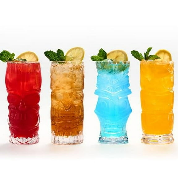 16oz Clear Embossed Tiki Glasses – Set of 4