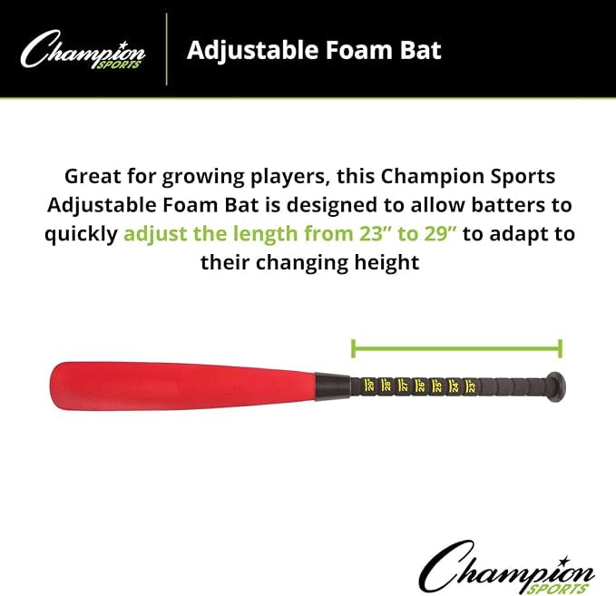 Champion Sports Adjustable Foam Bat with Easy Twist and Lock Length Adjustment - Easy Durable Plastic Handle with Screw-in Motion - Range - 21" to 29" Length
